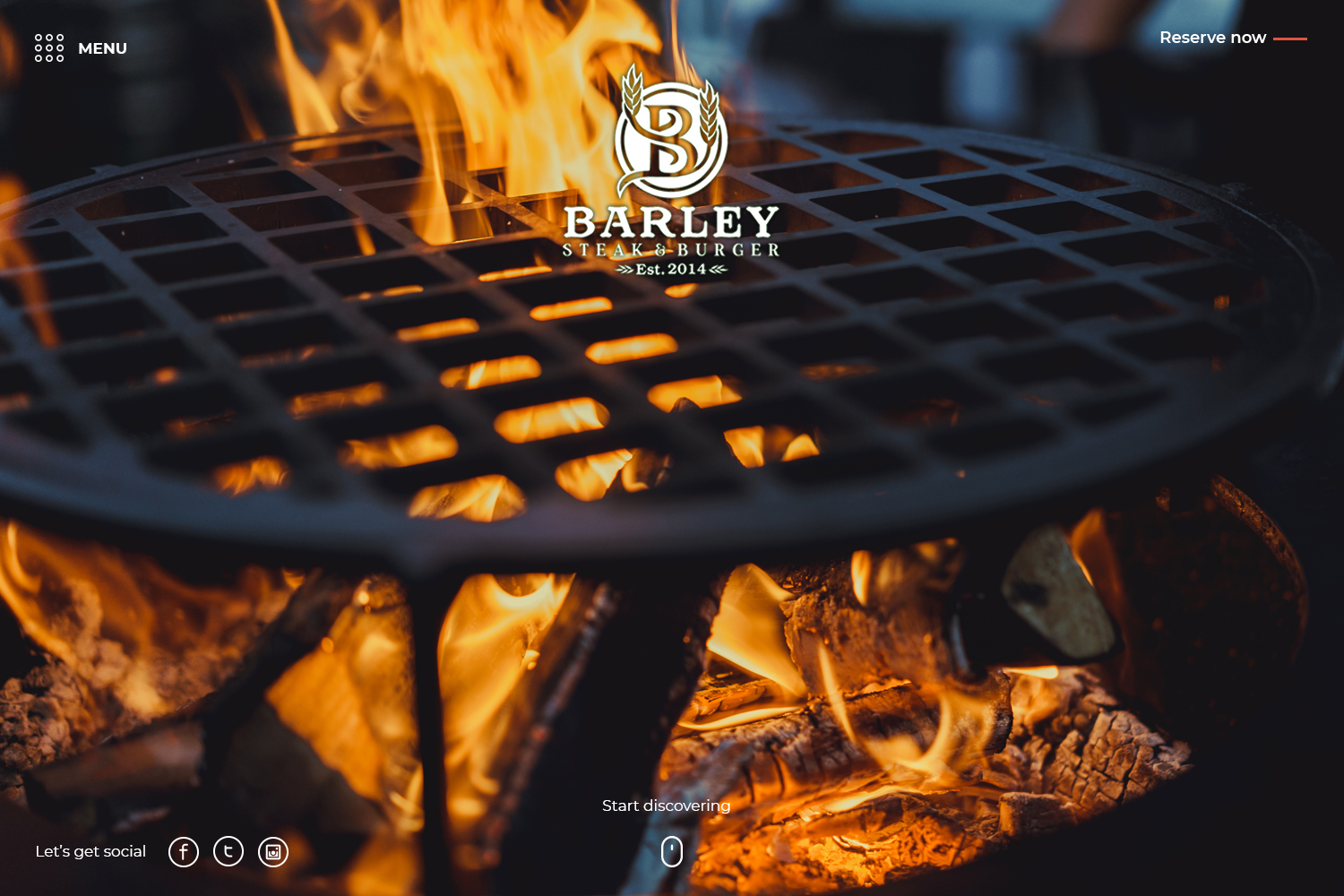 Barley home hero — flame-grilled grill with the brand crest