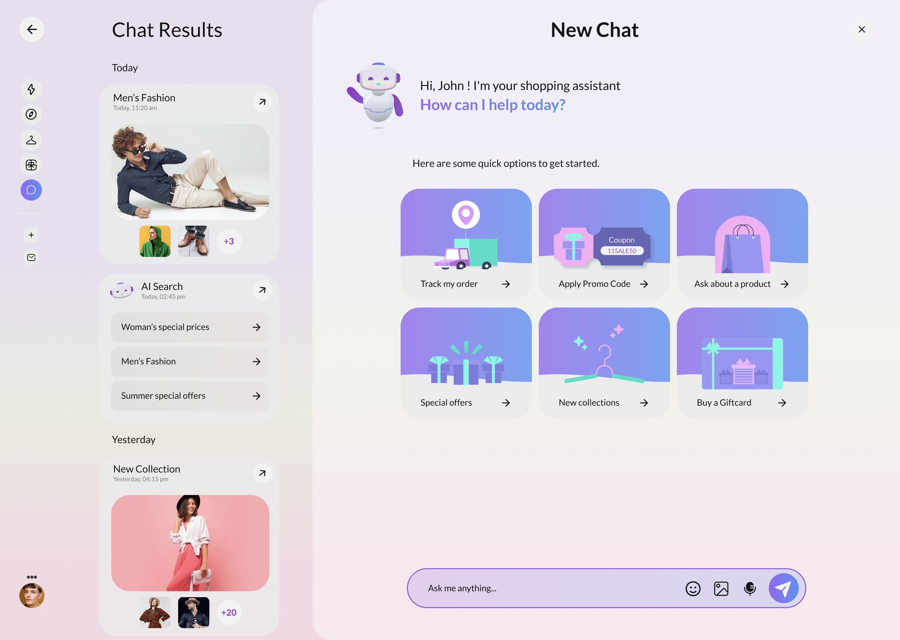 Gaia — new chat with quick options