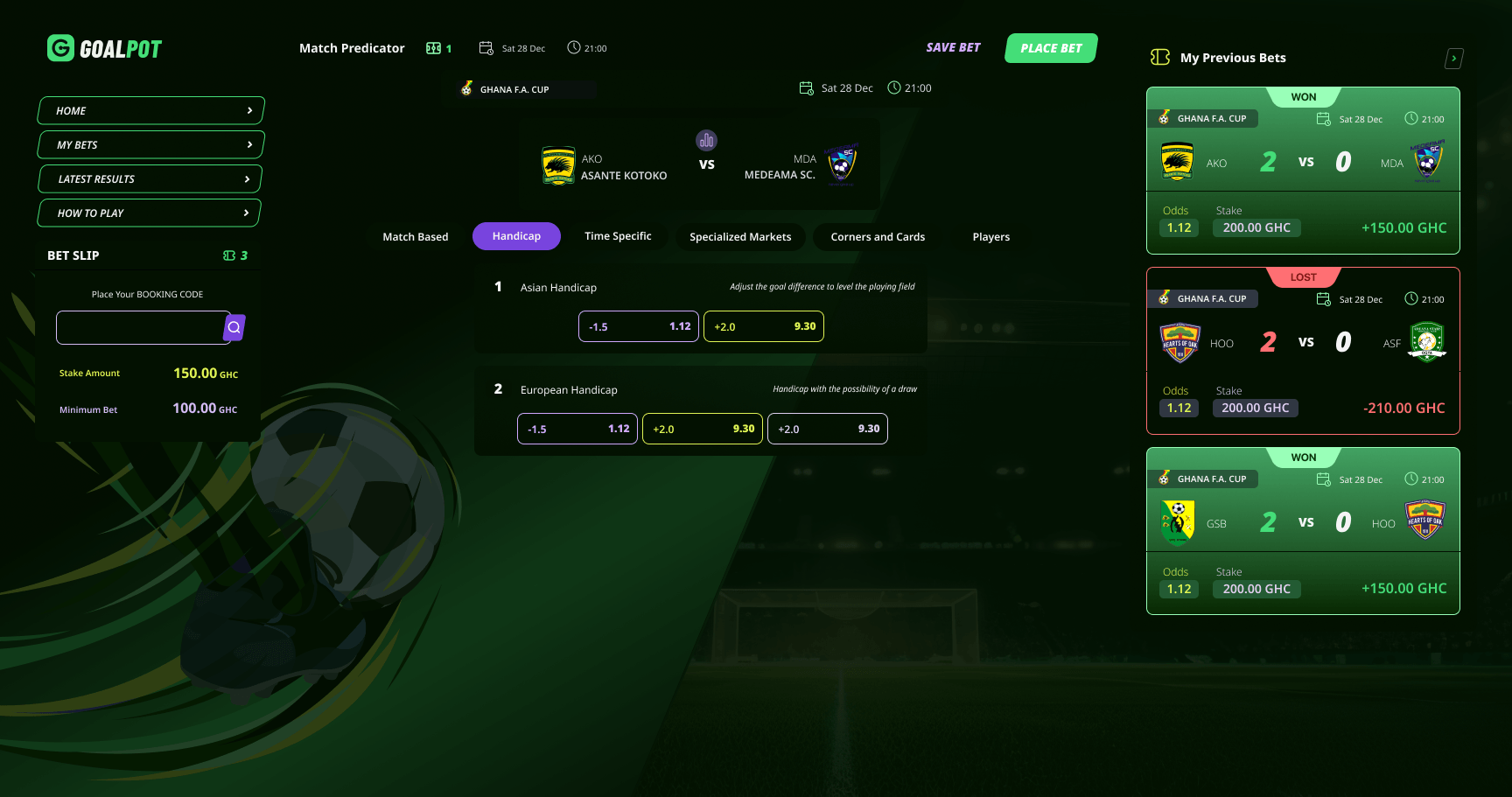Goalpot web — Asian and European handicap markets