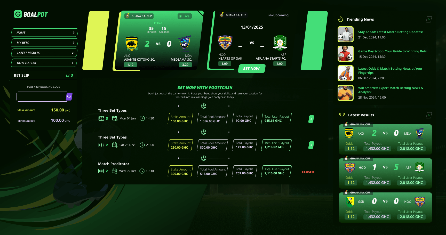 Goalpot web — home dashboard with live match, open pools and trending news
