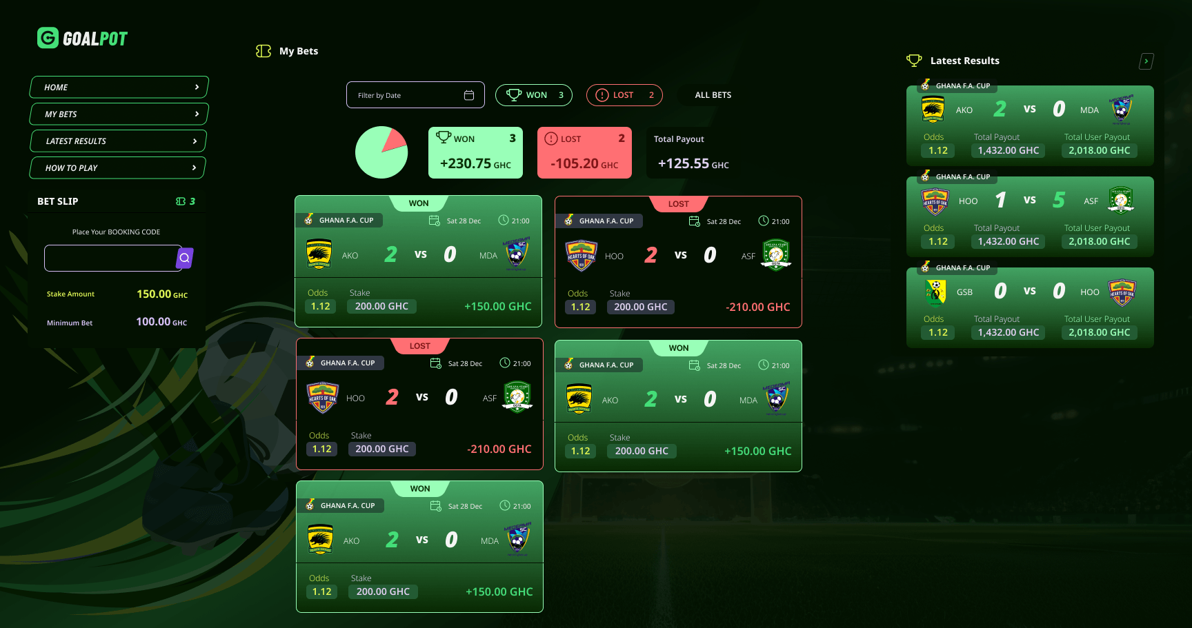 Goalpot web — my bets with won and lost breakdown and payout