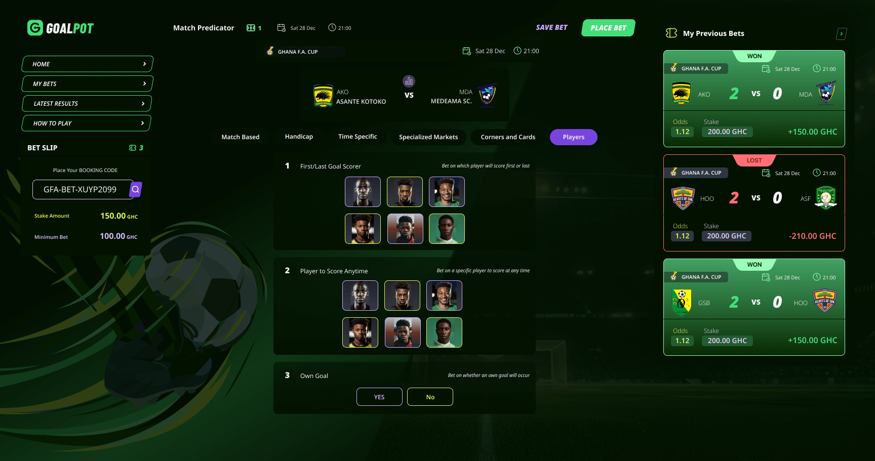 Goalpot web — first, last and anytime goal scorer markets
