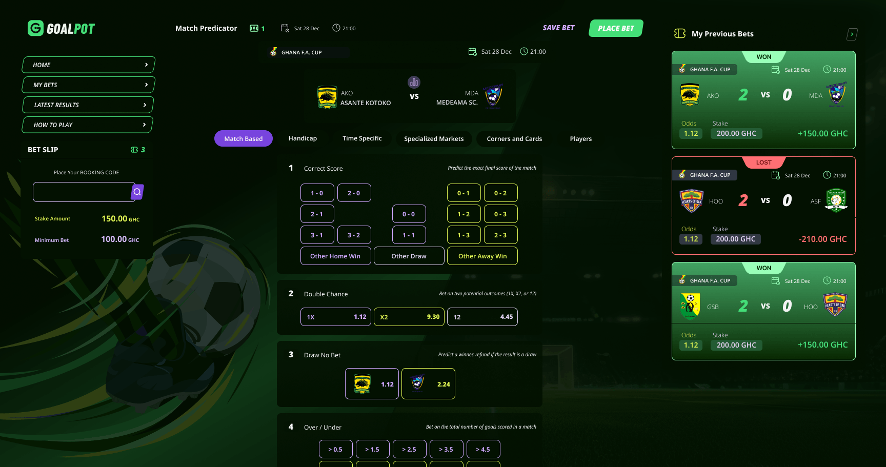 Goalpot web — match predictor with correct score and market tabs