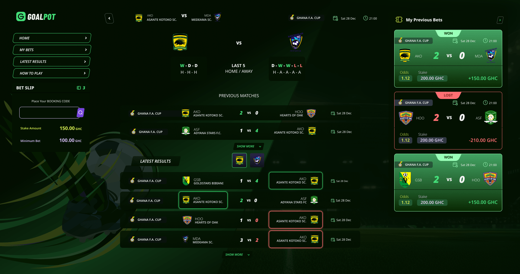 Goalpot web — last 5 form, previous matches and latest results