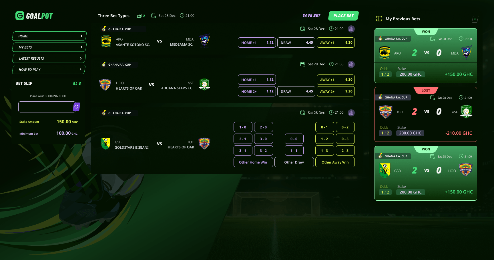 Goalpot web — three bet types across three fixtures