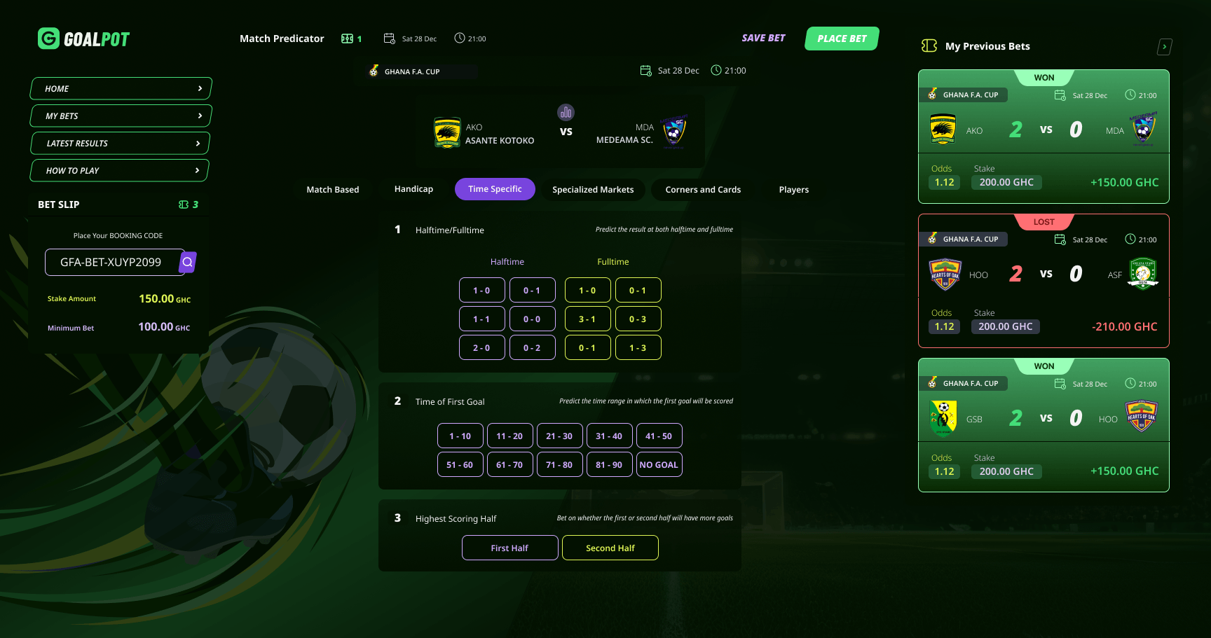 Goalpot web — halftime/fulltime, first goal time and highest scoring half