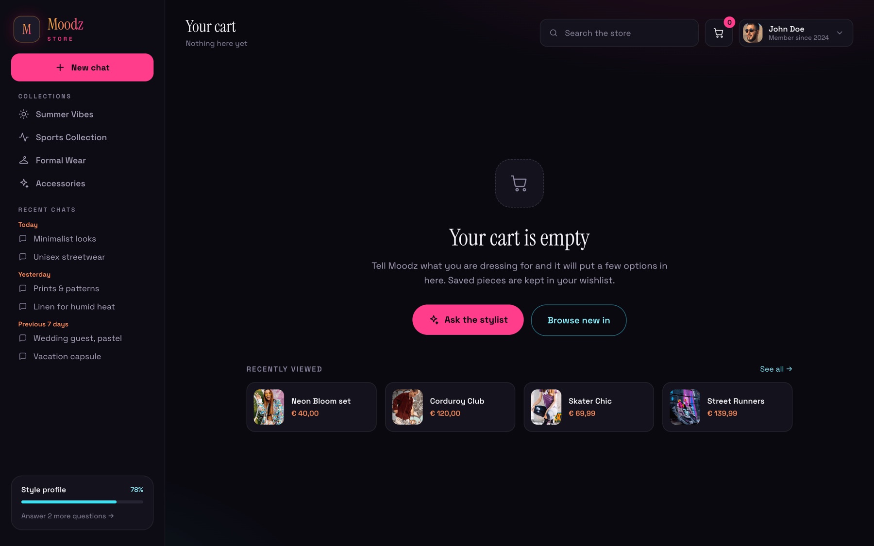 Moods desktop — Empty cart