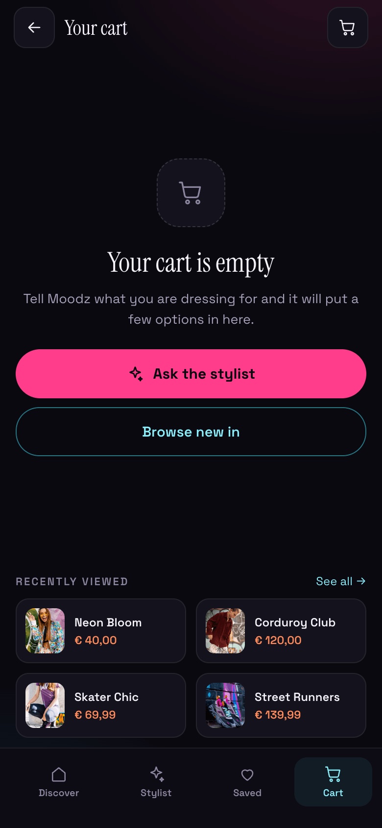 Moods mobile — Empty cart